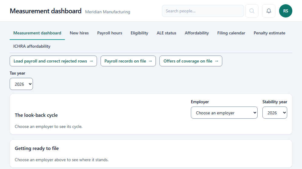 The ACAChamp measurement dashboard in CompliChamp, with tabs for new hires, payroll hours, eligibility, affordability and penalty estimate