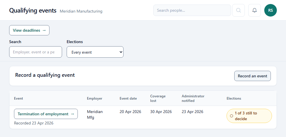 The COBRAChamp qualifying events list in CompliChamp with a termination of employment and its election status