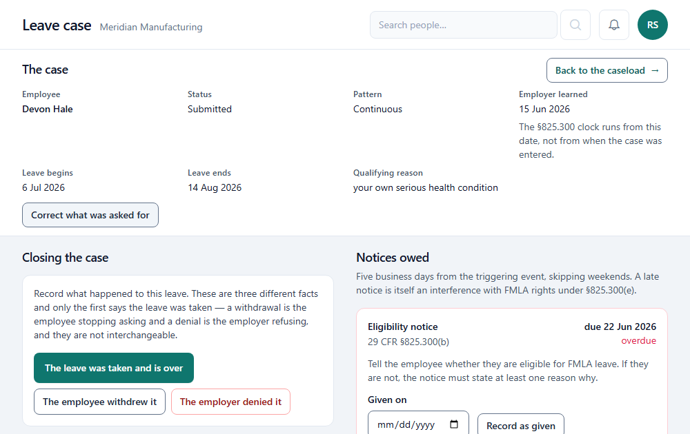 A LeaveChamp leave case in CompliChamp showing the employee, leave dates and the notices owed